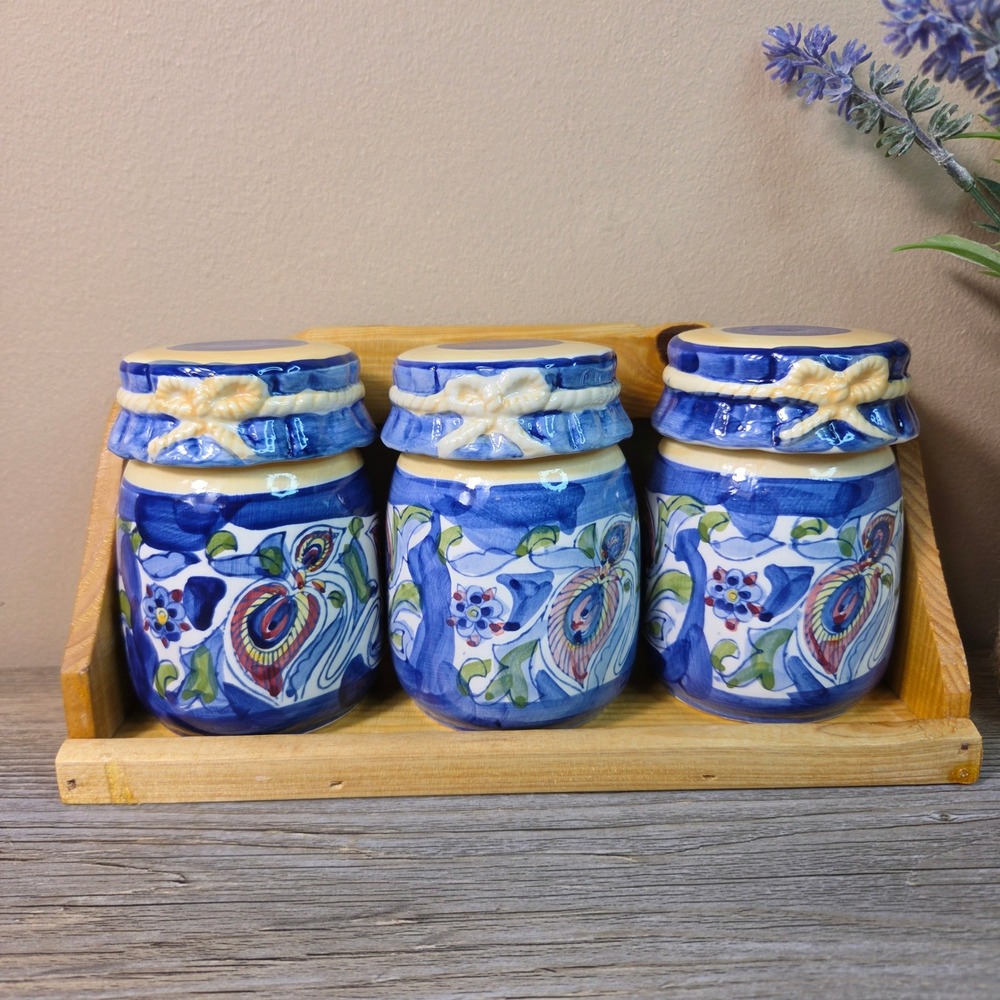 Ceramic Spice Jar Set Wood Rack Blue Yellow Floral Peacock Canisters 3pc Vintage
